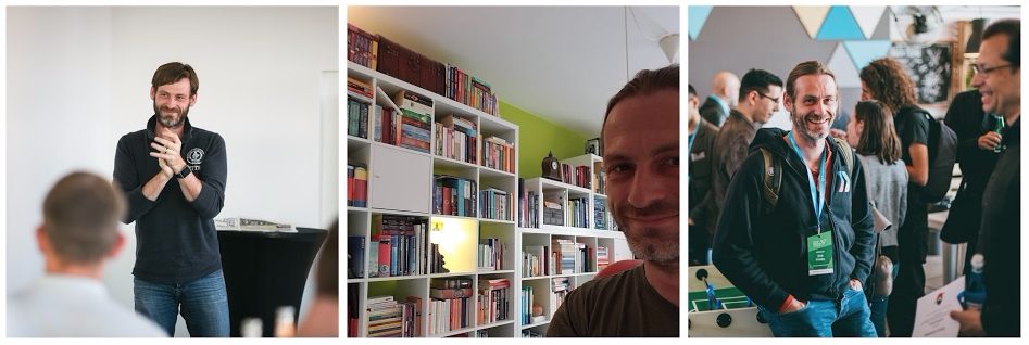 Three photos side by side: Dirk speaking to an audience at a small event, a portrait of him in front of a full bookshelf, and Dirk talking with attendees in a conference hallway.